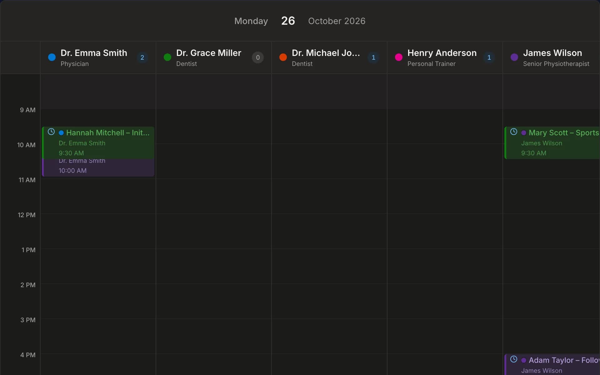 Vakti appointment calendar: the day's appointments per staff member, with status colours and reminder marks