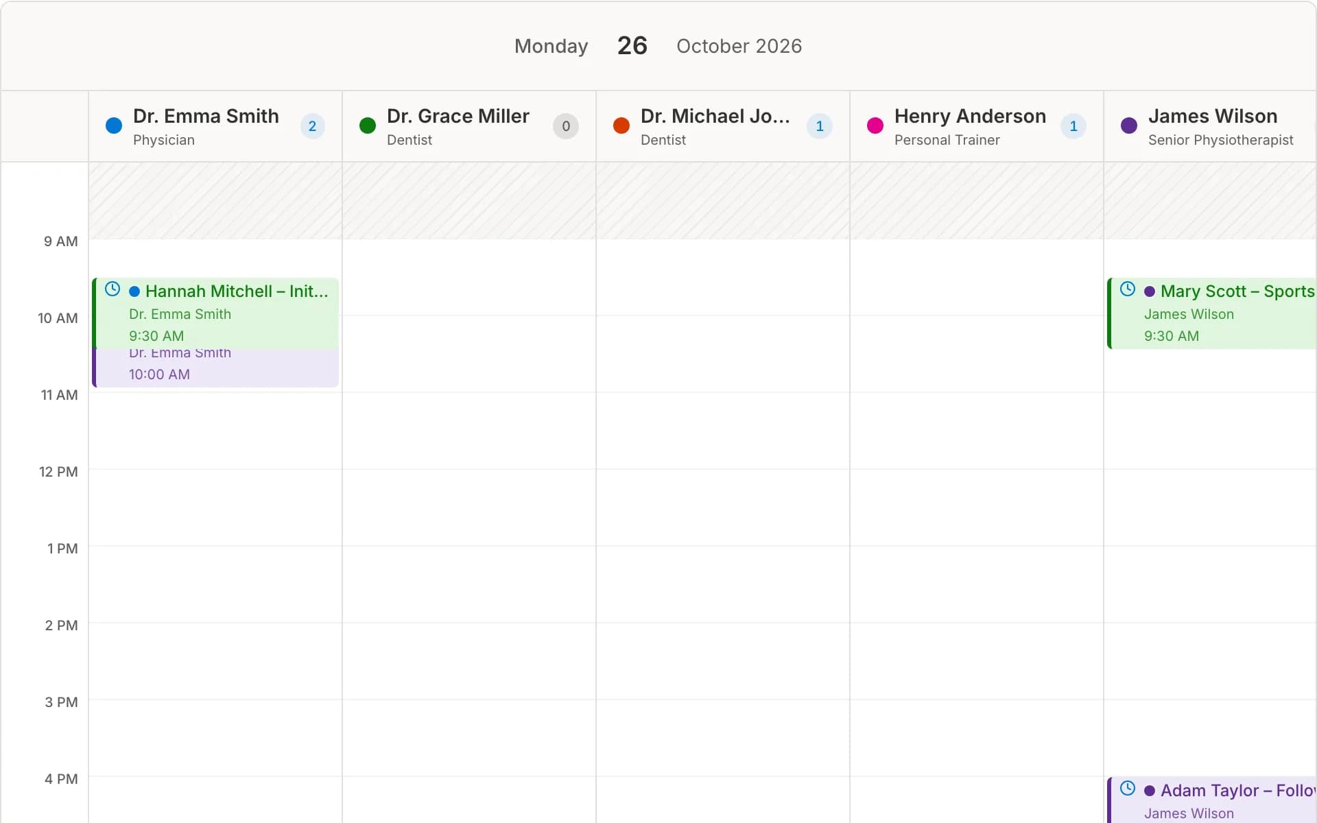 Vakti appointment calendar: the day's appointments per staff member, with status colours and reminder marks